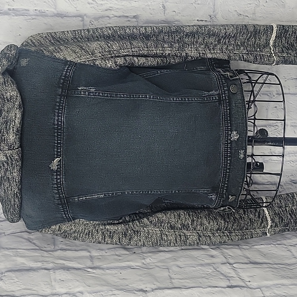 Free People Black Denim Mixed‎ Media Short Hoodie Jacket Small - Picture 9 of 11